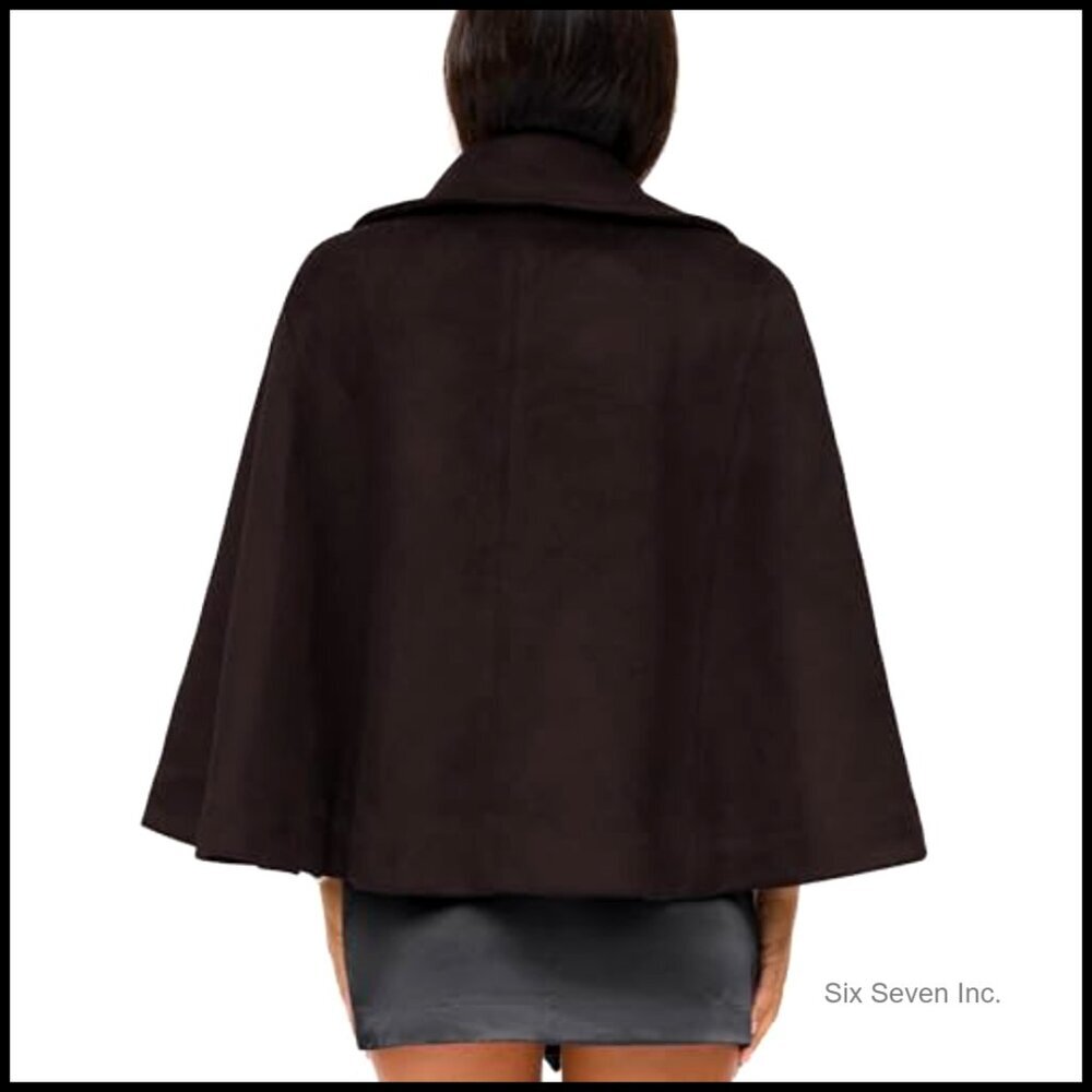 Wool Blend Cape Jacket with Belt Batwing Sleeve Poncho Pea Coat - Picture 5 of 7